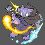 1:1 2026 4_fingers 4_toes action_pose aliasing ambiguous_anthro ambiguous_gender anthro anthrofied barefoot binary_drawing biped cape clothed clothed_ambiguous clothed_anthro clothing collar_tag colored cute_fangs digital_drawing_(artwork) digital_media_(artwork) discommunicator domestic_cat ear_markings electricity electricity_manipulation elemental_manipulation empty_eyes eyebrows facial_markings fangs feet felid feline felis female_(lore) fingers fire fire_manipulation flat_colors forehead_markings front_view full-length_portrait fully_clothed fully_clothed_ambiguous fully_clothed_anthro fur grey_background head_markings ice_manipulation looking_at_viewer lucy_(mewgenics) magic magic_user mammal markings mewgenics monotone_tail open_mouth pawpads pink_pawpads portrait pose purple_body purple_clothing purple_ears purple_fur purple_inner_ear purple_markings purple_tail simple_background solo spiral standing tail teeth three-quarter_view toes white_eyes