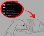 2026 ambiguous_gender anthro cave_story circle closed_frown clothing computer_keyboard computer_monitor computer_mouse directional_arrow doomscrolling english_text eye_bags eyebrows eyes_mostly_closed facial_scar female_(lore) floppy_ears frown grey_background hair lagomorph mammal mimiga mouth_closed narrowed_eyes oofmasterxd paws scar screencap side_view simple_background solo sue_sakamoto sweater text tired_eyes topwear twitter widescreen x_scar