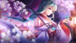  1girl bare_shoulders bell black_hairband black_ribbon blue_butterfly blurry blurry_background bow breasts bug butterfly butterfly_on_hand cherry_blossoms closed_mouth copyright_name copyright_notice depth_of_field eyelashes floating_clothes floating_hair flower from_side glint green_hair hair_intakes hair_ribbon hairband hands_up heaven_burns_red highres holding holding_umbrella japanese_clothes jingle_bell kimono lantern large_breasts long_hair long_sleeves looking_at_animal low-tied_long_hair murofushi_risa murofushi_risa_(tonight_under_the_cherry_blossoms'_brilliance) nontraditional_miko official_alternate_costume official_alternate_hairstyle official_art official_wallpaper oil-paper_umbrella outdoors pink_flower pinky_out purple_eyes red_bow red_sash red_umbrella red_wrist_cuffs ribbon sash sidelocks smile solo spring_(season) swept_bangs tassel umbrella upper_body very_long_hair white_kimono wide_sleeves wrist_cuffs 