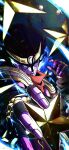  1other absurdres armor black_gloves black_hair colored_skin commentary english_commentary fingerless_gloves gloves green_eyes highres jojo_no_kimyou_na_bouken long_hair noonvincent other_focus pauldrons purple_skin red_scarf scarf shoulder_armor solo stand_(jojo) star_(symbol) star_platinum stardust_crusaders 