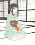  bangs black_hair blue_eyes blunt_bangs braid bright_pupils closed_mouth eyebrows_visible_through_hair full_body green_kimono hair_bun holding indoors japanese_clothes kimono lips long_sleeves lowe_(slow) obi original pink_lips sash seiza sitting solo tatami 