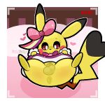 1:1 animal_genitalia anthro anus artist_name balls bed border bow_accessory bow_ribbon bow_tie clothed clothing clothing_lift cosplay_pikachu_(character) cosplay_pikachu_(costume) crossdressing cuffs_(clothing) digital_media_(artwork) dress dress_lift eyelashes fairyfudge feet furniture generation_1_pokemon genitals gynomorph_(lore) heart_symbol hi_res male nintendo pikachu pikachu_pop_star pink_clothing pink_dress pokemon pokemon_(species) presenting presenting_balls presenting_sheath recording_video sheath solo sparkles sparkling_clothing tail text white_border