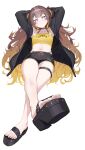  1girl absurdres anya_melfissa armpits arms_behind_head blonde_hair brown_hair choker crop_top feet flat_chest foreshortening full_body gradient_hair highres hololive hololive_indonesia jacket long_hair midriff multicolored_hair navel purple_eyes sandals second-party_source shorts simple_background smile solo thigh_strap toes very_long_hair virtual_youtuber white_background yoellim5 