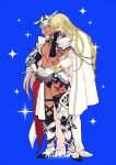  1boy 1girl animal_ears armlet armor armored_boots ascot asymmetrical_gloves asymmetrical_legwear belt bikini black_bikini black_gloves black_hairband black_socks black_thighhighs blonde_hair blue_ascot blue_background body_markings boots caenis_(fate) caenis_(second_ascension)_(fate) cape closed_eyes closed_mouth commentary crossed_bangs dark-skinned_female dark_skin elbow_gloves fate/grand_order fate_(series) frilled_sleeves frills front-to-back full_body gauntlets gloves gold_trim hair_between_eyes hair_intakes hairband hand_up headpiece hetero highres horse_ears hug hug_from_behind jacket jewelry kirschtaria_wodime kneehighs long_hair long_sleeves looking_at_another own_hands_together pants pauldrons shoes shoulder_armor simple_background single_gauntlet single_kneehigh single_sock single_thighhigh socks sparkle suit swimsuit tansan_(1soda2) thigh_belt thigh_strap thighhighs uneven_gloves uneven_legwear waist_cape white_boots white_cape white_gloves white_hair white_jacket white_pants white_shoes white_suit 