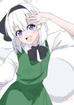  1girl black_bow black_bowtie black_hairband blue_eyes bow bowtie bud_tsubomi commentary_request green_skirt green_vest hairband highres hitodama konpaku_youmu konpaku_youmu_(ghost) looking_at_viewer open_mouth signature skirt skirt_set smile solo touhou vest white_hair 