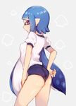  ass bloomers blue_hair commentary domino_mask highres inkling iriehana long_hair mask pink_eyes pointy_ears shirt solo splatoon_(series) squid tentacle_hair thighs underwear white_shirt 