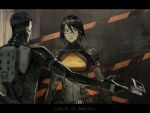  1boy 1girl adler_(signalis) android black_hair blue_eyes cowboy_shot dated elster_(signalis) fune_(nkjrs12) highres letterboxed outstretched_arm photo_(object) short_hair signalis signature skin_seams throwing wide-eyed 