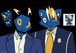 :3 ambiguous_gender android anthro blue_body blue_fur chizi clothed clothing collar collared_shirt domestic_cat donald_trump dress_shirt duo e621 esix felid feline felis formal_wear fur half-length_portrait hexerade hi_res jeffrey_epstein keishinkae logo logo_on_clothing looking_at_viewer machine mammal mascot necktie portrait reference_image robot shirt suit topwear white_clothing white_shirt white_topwear wowodymyr yellow_eyes yellow_sclera