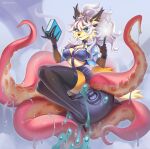 2026 5_fingers anthro biped breasts clothed clothed_anthro clothed_female clothing countershade_torso countershading digital_drawing_(artwork) digital_media_(artwork) felid feline female fingers front_view fur hair hi_res horn looking_at_viewer mammal simple_background sitting smile solo sorafoxyteils tail teeth tentacles