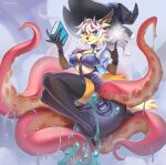 2026 5_fingers anthro biped breasts clothed clothed_anthro clothed_female clothing countershade_torso countershading digital_drawing_(artwork) digital_media_(artwork) felid feline female fingers front_view fur hair hat headgear headwear hi_res horn looking_at_viewer mammal simple_background sitting smile solo sorafoxyteils tail teeth tentacles