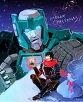  80s ^_^ autobot black_hair blue_eyes character_request christmas closed_eyes gift gloves glowing glowing_eyes happy height_difference insignia kup mecha merry_christmas multiple_boys oldschool open_mouth sack short_hair smile snow snow_globe snowflakes snowing standing toriko_(hogetara) transformers upper_body 