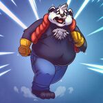 2026 anthro badger belly big_belly black_body bottomwear bradley_(bradley_the_badger) bradley_the_badger_(game) clothing hi_res korndoggychub male mammal moobs mustelid musteline nipples open_mouth overweight overweight_male pants solo white_body