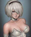  bare_shoulders blue_background blue_eyes breasts choker closed_mouth commentary dated deviantart_username elbow_gloves gloves hair_over_one_eye hairband highres large_breasts leotard lips looking_at_viewer mole mole_under_mouth nier_(series) nier_automata no_blindfold patreon_username pink_lips realistic sciamano240 signature smile solo white_choker white_leotard yorha_no._2_type_b 