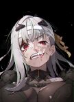  1girl absurdres bandaged_head bandages blood blood_on_face breasts bullet bullet_in_mouth chromatic_aberration cleavage commentary_request distortion empty_eyes glitch glitch_art goddess_of_victory:_nikke grey_hair hair_ribbon highres holding holding_bullet large_breasts long_hair looking_at_viewer modernia_(nikke) mouth_hold open_mouth red_eyes ribbon samgong see-through_cleavage see-through_clothes solo teeth teeth_hold yellow_ribbon 