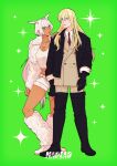  1boy 1girl animal_ears animated animated_gif arm_at_side arms_at_sides black_boots black_gloves black_jacket blinking blonde_hair blue_eyes body_markings boots brown_jacket brown_pants caenis_(fate) closed_mouth collared_shirt commentary cosplay crop_top cropped_jacket crossed_bangs dark-skinned_female dark_skin extra_ears fate/grand_order fate_(series) full_body fur_boots fur_jacket gloves green_background hair_between_eyes hair_intakes hand_on_another's_shoulder highres horse_ears iris_out_(song) jacket kirschtaria_wodime knee_boots layered_clothes long_hair looking_at_viewer low_ponytail midriff necktie open_clothes open_jacket pants parted_lips ponytail red_necktie shirt shorts side-by-side simple_background sparkle standing tansan_(1soda2) thigh_boots white_boots white_hair white_jacket white_shirt white_shorts yonezu_kenshi_(person) yonezu_kenshi_(person)_(cosplay) 