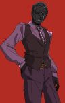  1boy bandage_on_face bandage_over_one_eye bandaged_head bandages black_necktie black_vest collared_shirt dress_shirt hand_in_pocket long_sleeves looking_at_viewer male_focus moyosan necktie parted_lips patterned_clothing purple_shirt red_background red_eyes saiki_gouto shirt smile solo standing tsukihime tsukihime_(remake) vest wing_collar 