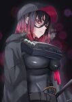  1girl black_bodysuit black_cloak black_hair black_hat bodysuit breasts breath cloak commentary_request elysion_harper_(nikke) explosive goddess_of_victory:_nikke gradient_hair hair_between_eyes hat highres large_breasts long_hair looking_at_viewer multicolored_hair parted_lips purple_eyes red_hair shupita skin_tight solo sweat two-tone_hair upper_body 