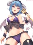  :d ass_visible_through_thighs bangs bare_shoulders black_legwear blue_hair blush breasts cleavage cowboy_shot demon_girl demon_horns demon_tail demon_wings fang frilled_panties frills from_below hair_between_eyes halterneck head_tilt headdress holding holding_weapon horns looking_at_viewer medium_breasts midriff navel o-ring o-ring_top open_mouth original panties pink_eyes polearm ribbon sasaame see-through short_hair sidelocks signature simple_background smile solo tail trident twitter_username underwear v-shaped_eyebrows weapon white_background wings wrist_cuffs 
