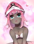  1girl artist_request blue_eyes blush bow_bra bra breasts cleavage collarbone dark_skin dutch_angle female hat heart looking_at_viewer medium_breasts no_humans open_mouth personification pink_background pink_bra pink_hair pink_hat pokemon pokemon_(creature) pokemon_sm shiny_skin short_hair simple_background solo star tapu_lele underwear underwear_only upper_body v_arms 