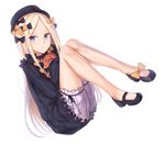  abigail_williams_(fate/grand_order) bangs black_bow black_dress black_footwear black_hat blonde_hair bloomers blue_eyes bow bug butterfly cai_geng commentary_request dress dutch_angle eyebrows_visible_through_hair fate/grand_order fate_(series) forehead full_body hair_bow hat insect long_hair long_sleeves looking_at_viewer mary_janes object_hug orange_bow parted_bangs parted_lips partial_commentary polka_dot polka_dot_bow shoes simple_background sitting sleeves_past_wrists solo stuffed_animal stuffed_toy teddy_bear underwear very_long_hair white_background white_bloomers 