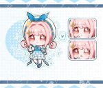  1girl :o aying99792 back_bow beads beret blue_bow blue_bowtie blue_dress blue_shorts blue_sleeves blue_theme blue_wrist_cuffs blush_stickers bow bowtie brown_eyes bubble_print bubbly_voyage_(infinity_nikki) chibi chinese_commentary closed_mouth collared_dress commentary_request commission curious detached_sleeves dot_nose dress eyes_visible_through_hair frilled_sleeves frilled_socks frilled_wrist_cuffs frills hair_intakes hair_ornament hair_rings hairclip hand_on_own_chin happy hat hat_bow hat_ornament heart infinity_nikki medium_dress multiple_expressions nikki_(nikki) nikki_(series) notice_lines open_mouth outline pink_hair pleated_dress polka_dot polka_dot_background print_dress rabbit_hair_ornament sample_watermark short_hair_with_long_locks shorts sidelocks smile socks sparkle speech_bubble spoken_heart standing star_(symbol) star_hat_ornament strapless strapless_dress striped_bow striped_bowtie striped_clothes tareme watermark watermark_grid wavy_hair white_background white_hat white_outline white_socks wrist_cuffs 