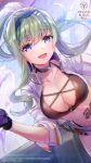  1girl :d black_bra black_choker black_gloves black_panties blue_hairband blue_pupils bra breasts choker cleavage copyright_name copyright_notice cowboy_shot cropped_jacket dutch_angle eyelashes floating_hair gloves green_hair hair_between_eyes hair_intakes hairband hand_up happy heaven_burns_red highleg highleg_panties highres indoors jacket large_breasts leaning_forward long_hair looking_at_viewer mole mole_under_mouth murofushi_risa murofushi_risa_(smiley_infiltration) navel official_alternate_costume official_alternate_hairstyle official_art official_wallpaper open_clothes open_jacket open_mouth panties ponytail purple_eyes race_queen racing_suit short_shorts shorts sidelocks smile solo stomach underwear very_long_hair white_jacket white_shorts 