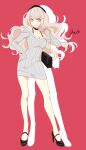  1girl alternate_costume alternate_hairstyle bag bare_shoulders black_bag black_choker black_hairband black_shoes blonde_hair blue_eyes breasts chiyo_(min0yoko) choker cleavage collarbone commentary_request danganronpa:_trigger_happy_havoc danganronpa_(series) dress enoshima_junko eyelashes full_body hair_down hairband hand_on_own_hip handbag high_heels holding holding_bag legs_apart long_hair open_mouth red_background red_dress shoes simple_background smile solo standing sweater sweater_dress 