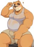  2017 666yubazi anthro bear blush brown_fur bulge clothing fur japanese_text male mammal overweight overweight_male shirt short simple_background sitting solo sweat text tokyo_afterschool_summoners volos white_background 