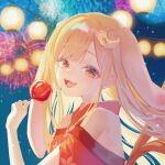  1girl absurdres aerial_fireworks animal_ears blonde_hair candy_apple cho_kaguya-hime! chungjum2 clothing_cutout commentary commission crescent crescent_hair_ornament fireworks food hair_ornament highres holding holding_candy_apple holding_food japanese_clothes kaguya_(cho_kaguya-hime!) kimono long_hair rabbit_ears rabbit_girl red_kimono shoulder_cutout sidelocks solo untranslatable_commentary 