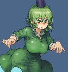  bangs blue_background blush breasts chanta_(ayatakaoisii) closed_mouth commentary_request dress eyebrows_visible_through_hair green_dress green_eyes green_hair hair_between_eyes hat highres large_breasts long_sleeves looking_at_viewer purple_hat short_hair simple_background soga_no_tojiko solo standing touhou 
