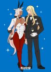 1boy 1girl alternate_costume animal_ears animated animated_gif arm_at_side black_bow black_bowtie black_gloves black_hairband black_jacket black_pants black_shoes black_suit black_vest blinking blonde_hair blue_background blue_eyes body_markings bow bowtie breasts caenis_(bunny)_(fate) caenis_(fate) cleavage closed_mouth collared_shirt commentary corsage cup dark-skinned_female dark_skin detached_collar drink drinking_glass eye_contact fake_animal_ears fake_tail fate/grand_order fate_(series) fingerless_gloves fishnet_pantyhose fishnets flower formal_clothes full_body gloves hair_between_eyes hair_bow hair_intakes hairband high_heels highleg highleg_leotard highres holding holding_cup horse_ears jacket kirschtaria_wodime large_breasts leotard light_smile long_hair long_sleeves looking_at_another low_ponytail non-repeating_animation pants pantyhose playboy_bunny pocket_square ponytail rabbit_ears rabbit_tail red_flower red_pantyhose red_rose rose shirt shoes shrug_(clothing) side-by-side simple_background sleeve_cuffs sparkle standing strapless strapless_leotard suit tail tansan_(1soda2) three-quarter_sleeves untranslatable_commentary vest white_gloves white_hair white_leotard white_shirt white_shrug white_wrist_cuffs wrist_cuffs 