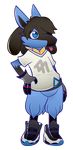  anthro anthrofied black_fur blue_eyes blue_fur bottomless canine clothed clothing footwear fur gloves hair lucario mammal nintendo pok&eacute;mon pok&eacute;mon_(species) pok&eacute;morph puffdraws shirt shoes solo tongue tongue_out video_games 