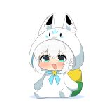  1girl :d aqua_eyes blush braid character_costume chibi chibi_only commentary_request grey_hair hololive long_hair onesie open_mouth shirakami_fubuki side_braid sitting smile solo sukonbu_(shirakami_fubuki) twumi virtual_youtuber 