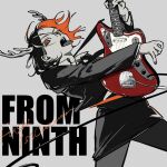  1girl antlers black_hair blazer cable deer_antlers electric_guitar english_text fender_jaguar grey_background guitar guitar_strap highres holding holding_instrument horns instrument jacket looking_at_viewer multicolored_hair music necktie non7 office_lady open_mouth orange_eyes orange_hair original pencil_skirt playing_instrument simple_background skirt solo spot_color tongue tongue_out whammy_bar white_hair 