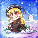  :3 blonde_hair earmuffs fur_collar hat junko_(touhou) long_hair lowres outdoors pote_(ptkan) red_eyes snow_bunny snowing snowman solo touhou wide_sleeves winter 