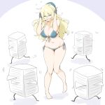  1girl adapted_costume akara_kai aqua_bikini aqua_hat atago_(kancolle) beret bikini black_gloves blonde_hair breasts closed_eyes front-tie_bikini_top front-tie_top gloves hair_between_eyes hat highres kantai_collection large_breasts long_hair navel paperwork side-tie_bikini_bottom standing string_bikini swimsuit very_long_hair 