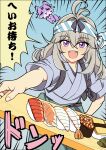  1girl :d antenna_hair apron blue_headband blue_kimono blush commentary_request fairy fish_(food) food fox grey_hair headband highres ikura_(food) japanese_clothes kimono leaning_forward long_hair looking_at_viewer mashu-tan meitantei_precure! moria_luluka nigirizushi omelet open_mouth outstretched_arm precure purple_eyes salmon serving shrimp smile solo sound_effects striped_headband sushi translation_request tray tuna wahiko_(black_bastard) waist_apron wasabi 