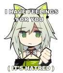  1girl animal_ears arknights cat_ears cat_girl chibi commentary dress frown gif_caption_(meme) green_dress green_eyes green_hair kal'tsit_(arknights) meme nuggetkouhai portrait short_hair simple_background solo thumbs_down untranslatable_commentary white_background 