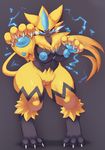  2017 3_toes anthro areola blue_eyes blue_nipples blue_pawpads breasts claws digital_media_(artwork) electricity fangs female fur hi_res looking_at_viewer mrsk neck_tuft nintendo nipples pawpads paws pok&eacute;mon pok&eacute;mon_(species) pussy simple_background solo toes tuft video_games yellow_fur zeraora 