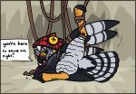 2026 accident accipitrid accipitriform aliasing anthro anus avian bdsm beak bird bizart bondage bound butt cave claws detailed_background dialogue digital_media_(artwork) eagle english_text eyelashes eyewear feathered_wings feathers feet female genitals glasses harpy_eagle hi_res looking_at_viewer lying mask mask_only nervous nervous_smile nude on_side open_beak open_mouth restrained_legs restrained_wings restraints rope rope_bondage semi-anthro solo spread_legs spreading tail tail_feathers talking_to_viewer talons teeth text toes trapped vulva wearing_mask winged_arms wings yellow_eyes