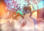 anthro aoren aorenfoxy bernese_mountain_dog black_nose blue_body blue_fur blue_hair blue_nose brown_body brown_fur cammy_(cammymutt) canid canine canis cuddling domestic_dog duo fox fur hair hi_res hot_spring leaf male male/male mammal molosser mountain_dog multicolored_body multicolored_fur onsen plant romantic romantic_couple smile steam swiss_mountain_dog tail tree water