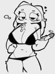 2026 anthro black_bra black_clothing black_panties black_underwear bra breasts breath cigarette circle_eyebrows cleavage clothed clothed_anthro clothed_female clothing ear_piercing emoji_description exhaling eye_bags eyebrows female female_anthro front_view fur half-closed_eyes hand_on_hip heart_symbol holding_cigarette holding_object lagomorph leporid long_ears looking_at_viewer mammal markings mole_(marking) mole_under_eye monochrome narrowed_eyes navel off_shoulder panties piercing portrait rabbit ring_(jewelry) simple_background small_waist smoking solo ssslommm2 thick_thighs three-quarter_portrait underwear white_background white_body white_eyebrows white_fur