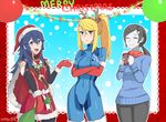  3girls alternate_costume antlers artist_name bag black_hair black_pants blonde_hair blue_eyes blue_hair blue_sweater blush border breasts candy candy_cane christmas covered_navel crossed_arms crossover cup dress elbow_gloves english eyebrows_visible_through_hair eyes_closed fake_antlers female fire_emblem fire_emblem:_kakusei food fur_trim gift gloves grey_hair hair_ornament hair_tie hairpin hands_up hat headband highres holding lips long_hair long_sleeves looking_at_viewer lucina matching_hair/eyes medium_breasts merry_christmas metroid mittens mole mole_under_mouth mug multiple_girls nintendo open_mouth palutena pants ponytail red_border red_dress red_gloves red_hat red_neckwear samus_aran santa_costume santa_hat sarukaiwolf scarf signature smile standing steam super_smash_bros. sweater teeth text tiara tied_hair white_skin wii_fit wii_fit_trainer zero_suit 