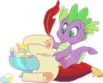  alpha_channel anthro bowl digital_media_(artwork) feathers friendship_is_magic gem green_eyes green_scales loose_feather male my_little_pony pillow pixel_(artwork) purple_scales quill scales scalie scroll simple_background sitting solo spade_tail spike_(mlp) thiscrispykat transparent_background writing_(disambiguation) 
