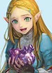  1girl blush commentary_request green_eyes heart long_hair open_mouth organs pointy_ears princess_zelda simple_background smile solo the_legend_of_zelda the_legend_of_zelda:_breath_of_the_wild thick_eyebrows yurinko 