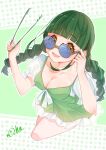  1girl :d blue-tinted_eyewear blunt_bangs blush braid breasts brown_eyes cleavage commentary_request dress frilled_dress frills full_body green_background green_hair grey_dress highres holding holding_tongs ikizulive!_love_live!_bluebird long_hair looking_at_viewer love_live! low_twin_braids medium_breasts open_mouth osachi_(ho_sen_osa815) puffy_short_sleeves puffy_sleeves round_eyewear short_sleeves sidelocks signature smile solo sunglasses tinted_eyewear tongs twin_braids white_dress yamada_midori 
