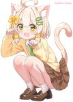  1boy absurdres ahoge animal_ear_fluff animal_ears artist_name blonde_hair blush bow brown_shoes brown_skirt cardigan cat_boy cat_ears commentary_request convenient_leg crossdressing crossdressing_(mtf) fish_hair_ornament full_body green_eyes green_necktie hair_bow hair_ornament hazakura_hinata heterochromia highres huge_ahoge kaya_(hazakura_hinata) loafers long_sleeves looking_at_viewer male_focus necktie open_mouth original paw_pose pleated_skirt revision school_uniform shoes short_hair simple_background skirt smile socks solo squatting tail tail_raised tareme trap white_background white_socks yellow_bow yellow_cardigan yellow_eyes 