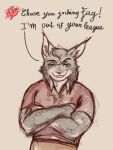 anthro bigotry blue_eyes bottomwear clothed clothed_anthro clothed_male clothing dialogue ears_up echo_(game) echo_(series) echo_project fur grey_body grey_fur hate hi_res homophobia homophobic_slur looking_at_viewer male pants red_clothing red_shirt red_topwear reynard_goodfellow shirt smile smiling_at_viewer solo teeth teeth_showing text tj_hess topwear