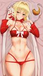  ahoge altera_(fate) altera_the_santa altera_the_santa_(cosplay) blonde_hair braid breasts bursting_breasts choker christmas cleavage cosplay detached_sleeves fate/extella fate/extra fate/grand_order fate_(series) french_braid green_eyes highres large_breasts looking_at_viewer lying multi-strapped_panties navel nero_claudius_(fate) nero_claudius_(fate)_(all) noeomi on_back red_ribbon ribbon sheep short_hair skindentation smile solo wide_hips 