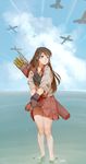  aircraft airplane akagi_(kantai_collection) arrow blouse blue_sky brown_eyes brown_gloves brown_hair cloud cloudy_sky commentary_request condensation_trail day feet_out_of_frame gloves highres kantai_collection long_sleeves muneate ocean outdoors parted_lips pleated_skirt quiver red_skirt skirt sky solo standing tim_loechner wading wringing_clothes wringing_skirt 
